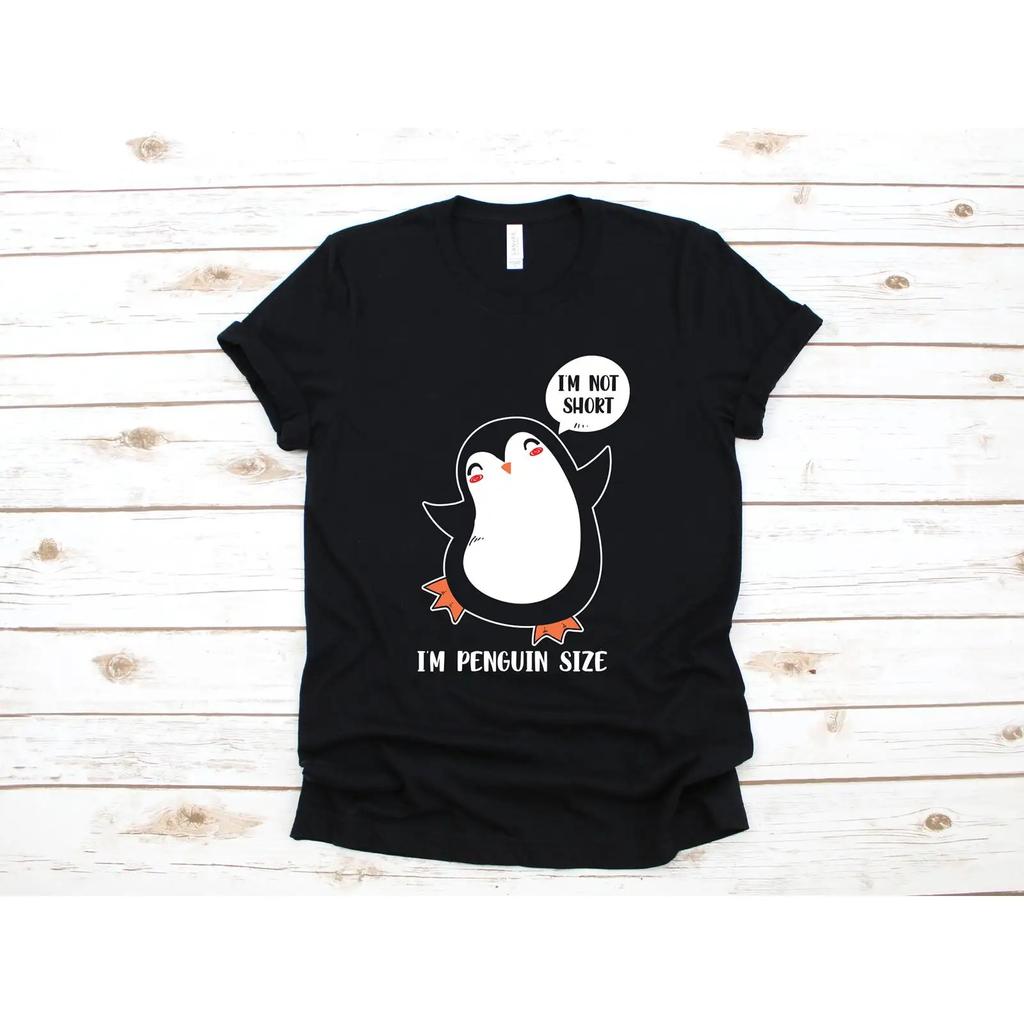 Im Not Short Penguin Size T Shirt Cute Funny Penguins SweaT Children Kids Vintage Washed Homme Stretched Comfortable