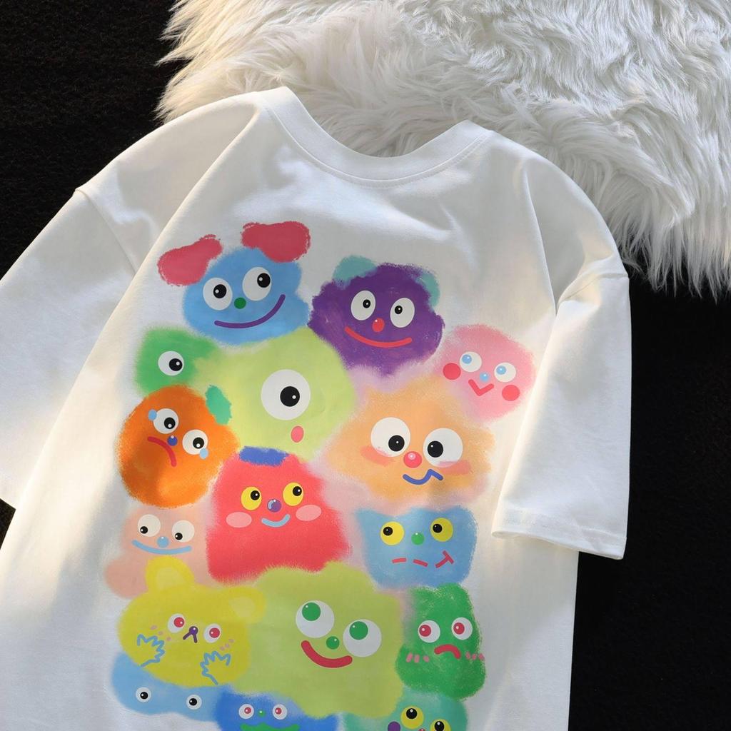 Unisex Retro Cartoon Print Cotton T-Shirt, Plus Size, Loose Fit, Short Sleeve