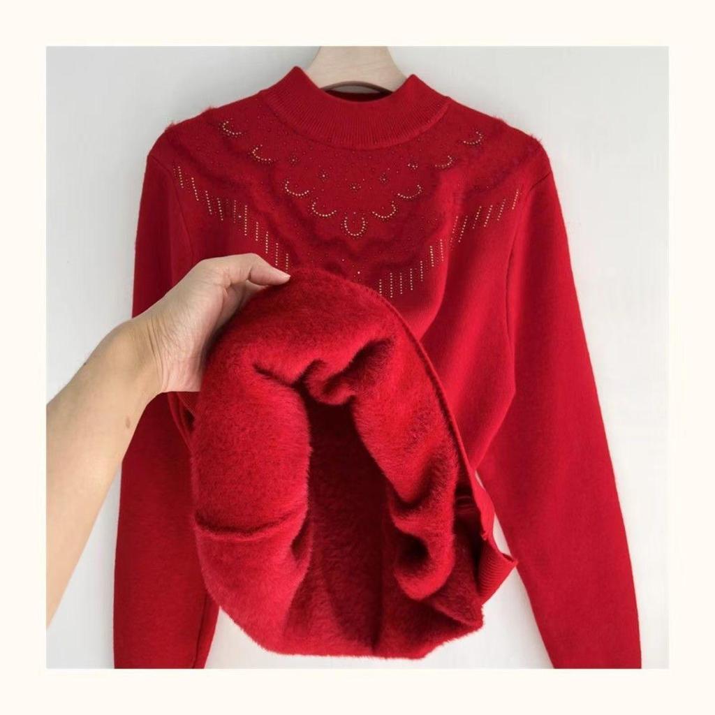 Dámský zimní svetr s polovičním vysokým límcem a silným fleecem - Módní volný střih