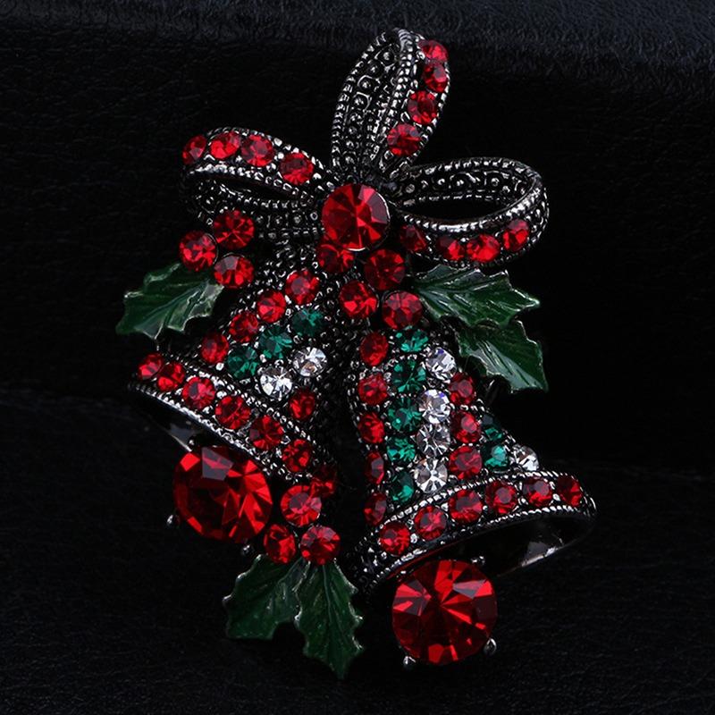 Vintage Christmas Bowknot Double Bells Brooch Pins with Green Leaves and Colorful Rhinestones Creative Gift Suit c Corsage for Women