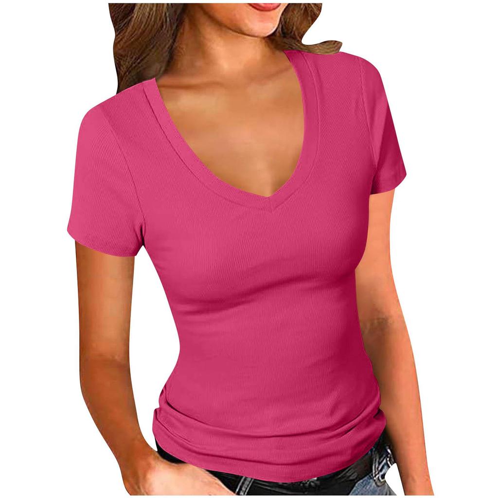 2026 Sommer Damen Elegantes V-Ausschnitt Slim Fit Einfarbiges Kurzarm T-Shirt