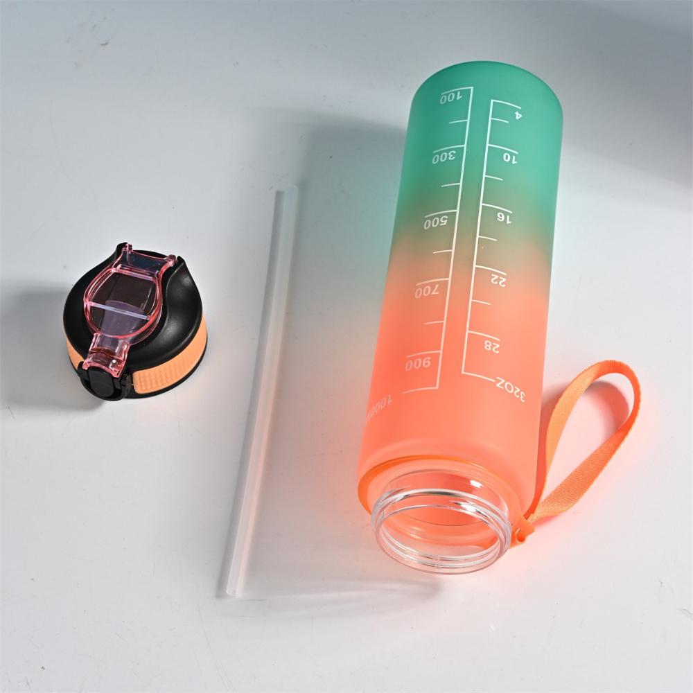 1L Motivational Sport Water Bottle Plastic Water Cup with Time Scale Outdoor Gradient Color Drinking Bottle Fitness Straw Mug