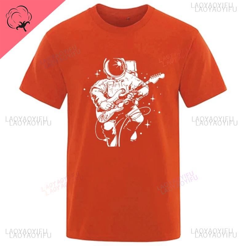 Summer High Quality Funny Astronaut Playing Guitar Casual Unique Loose Cool Men Oneck Streetwear Aesthetic Print Mens Tshirt