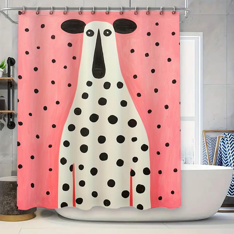 Modern Abstract Animal Shower Curtain Black Dots Dog Design For Bathroom Decor In Pink Color Printed Waterproof Fabric With Hook