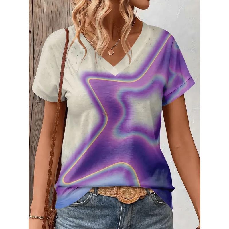 Fashion Women's V-Neck Short Sleeve 3D Casual Color Printing Casual Short Sleeve V-Neck T-Shirt