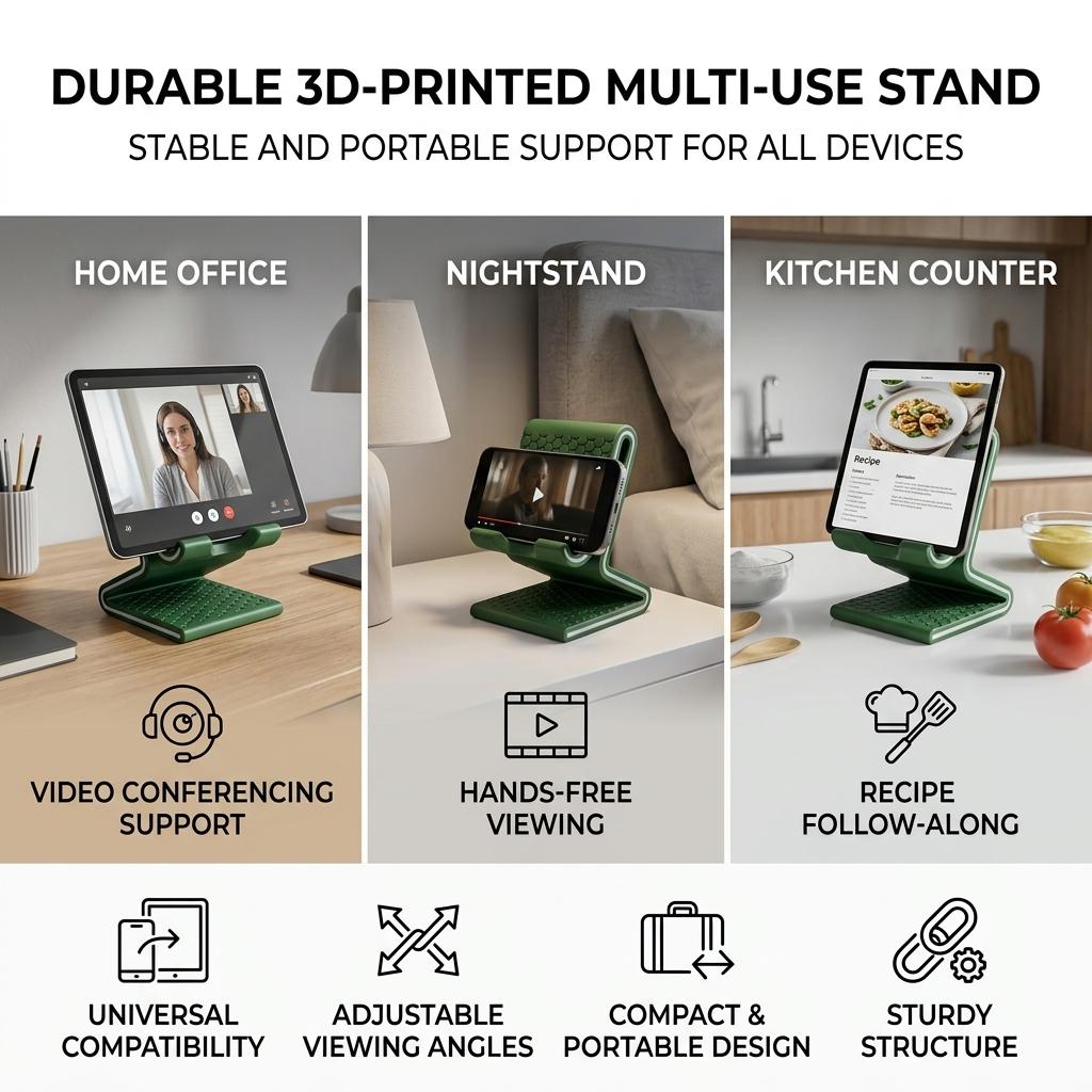 3D Printed Universal Phone Tablet Stand Durable Engineering Plastic Adjustable Angle Portable Compact