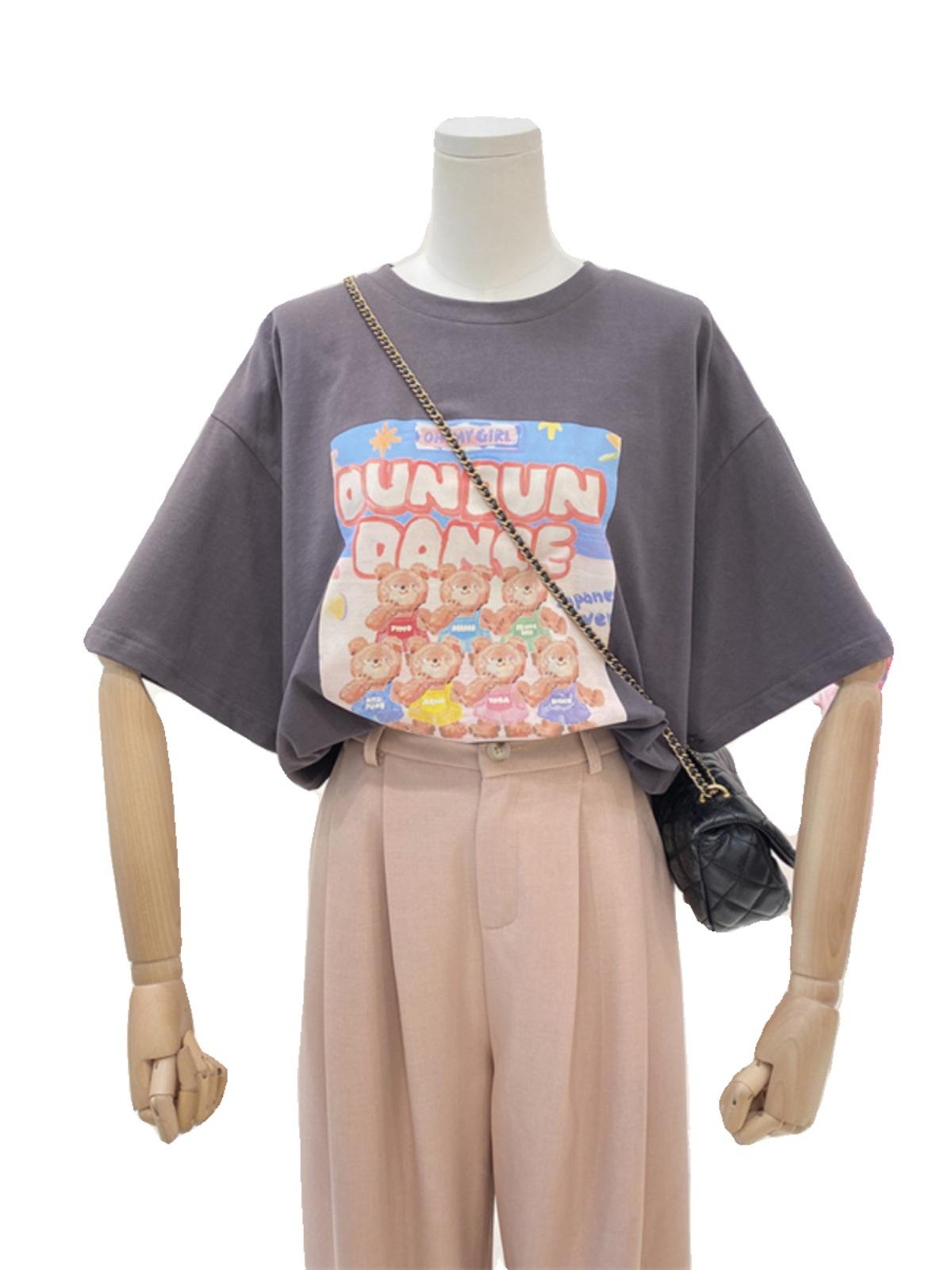 

Хлопковая футболка большого размера в корейском стиле с плюшевым мишкой - С коротким рукавом, омолаживающая и свободного кроя для женщин 3XL (suitable for 145-160 jin) темно-серого