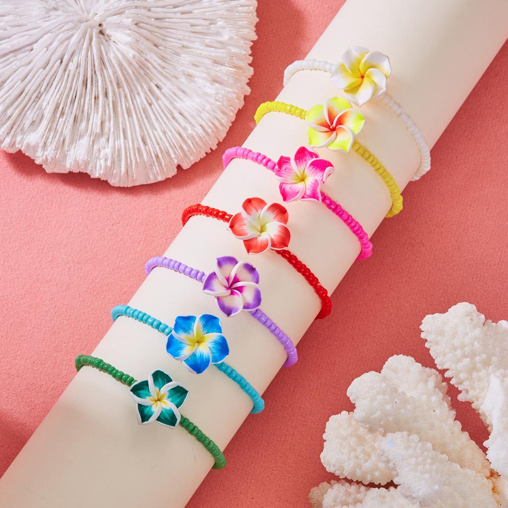 Bohemian Handmade Rice Beads Polymer Clay Flower Anklet for Women Summer Beach Bright Color Egg Flowers Ankle Bracelet Jewelry