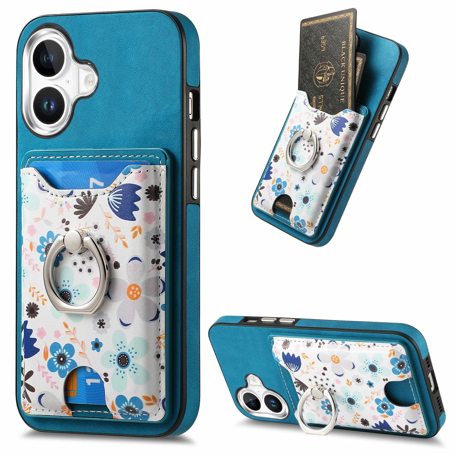 

For iPhone 16 Case Kickstand Leather Coated TPU Pattern Back Cover B