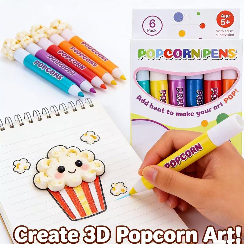 Magic Popcorn Pens 6 Colors Heat Activated 3D Puffy Paint Pens Bubble Pen for Kids Drawing DIY Art Crafts Marker School