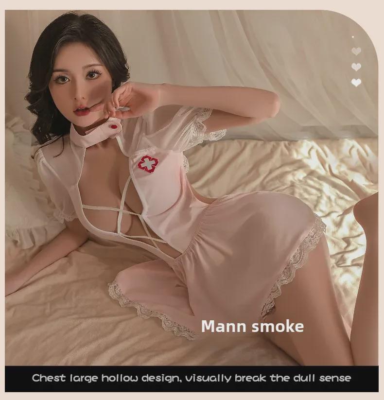 Manyan Sexy Lace Deep V Sweet Nurse Uniform Skirt Suit 9812