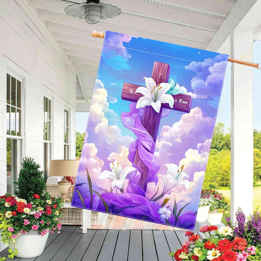 1pc, Easter Cross LilyDouble-Sided Garden Flag Yard Decoration, Outdoor Decoration, Lawn Decoration, Flag Only.