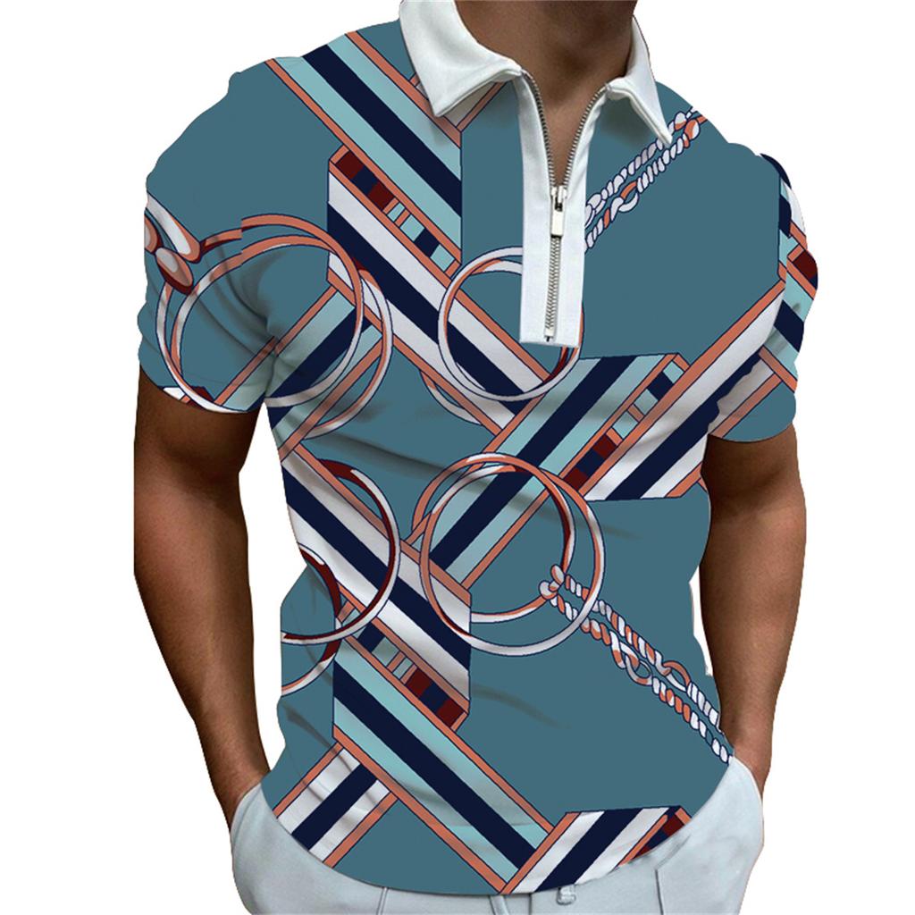 Spring and summer zipper men's short sleeved casual polo shirt men's fashion printed collar