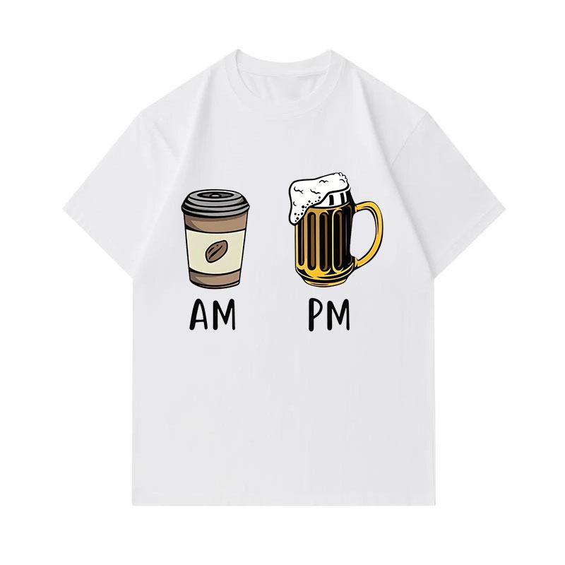 Men's 100% Cotton Crew Neck Short Sleeve T-Shirt, Funny AM Coffee PM Beer Graphic Casual Daily Wear Tee, Soft Breathable Summer Top for Men