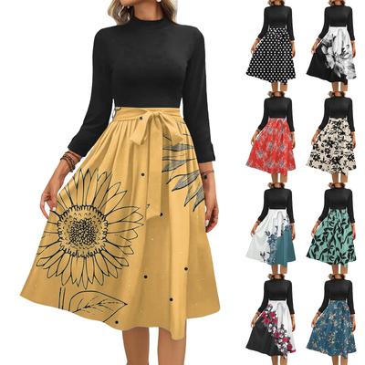 Women's Fashion Casual Belt Seven Sleeve Round Neck Floral Temperament Dresses