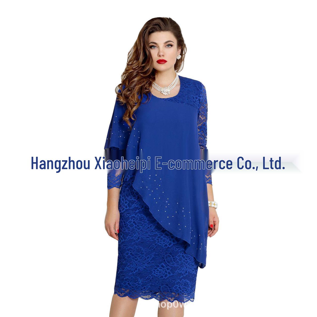 

Элегантное вечернее платье большого размера с кружевной отделкой и рукавами семь восьмых - Женская мода 2XL синий