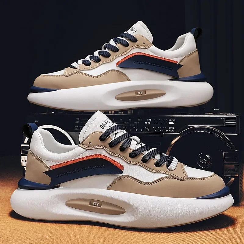 European Men Fashion Genuine Leather Casual Sport Shoes Cool Chunky Sneakers Young Man Street Thick-soled Trainers