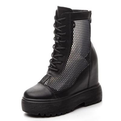 Fashion 11cm 2024 Air Mesh Hollow Cow Genuine Leather New Summer Sandals Casual Ankle Boots Knee High Breathable Wedge Platform Shoes
