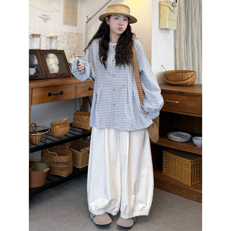 Plus-Size Women's Clothing 2026 Spring New Style Japanese-Style Lace Collar Loose Slimming Youthful Plaid Shirt Top