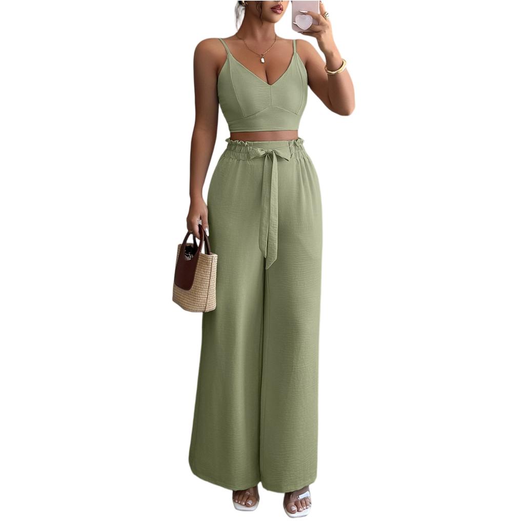 Ladies' Summer Loose Comfortable Casual Fashionable And Elegant Suspender Wide Leg Pants Two-piece Set