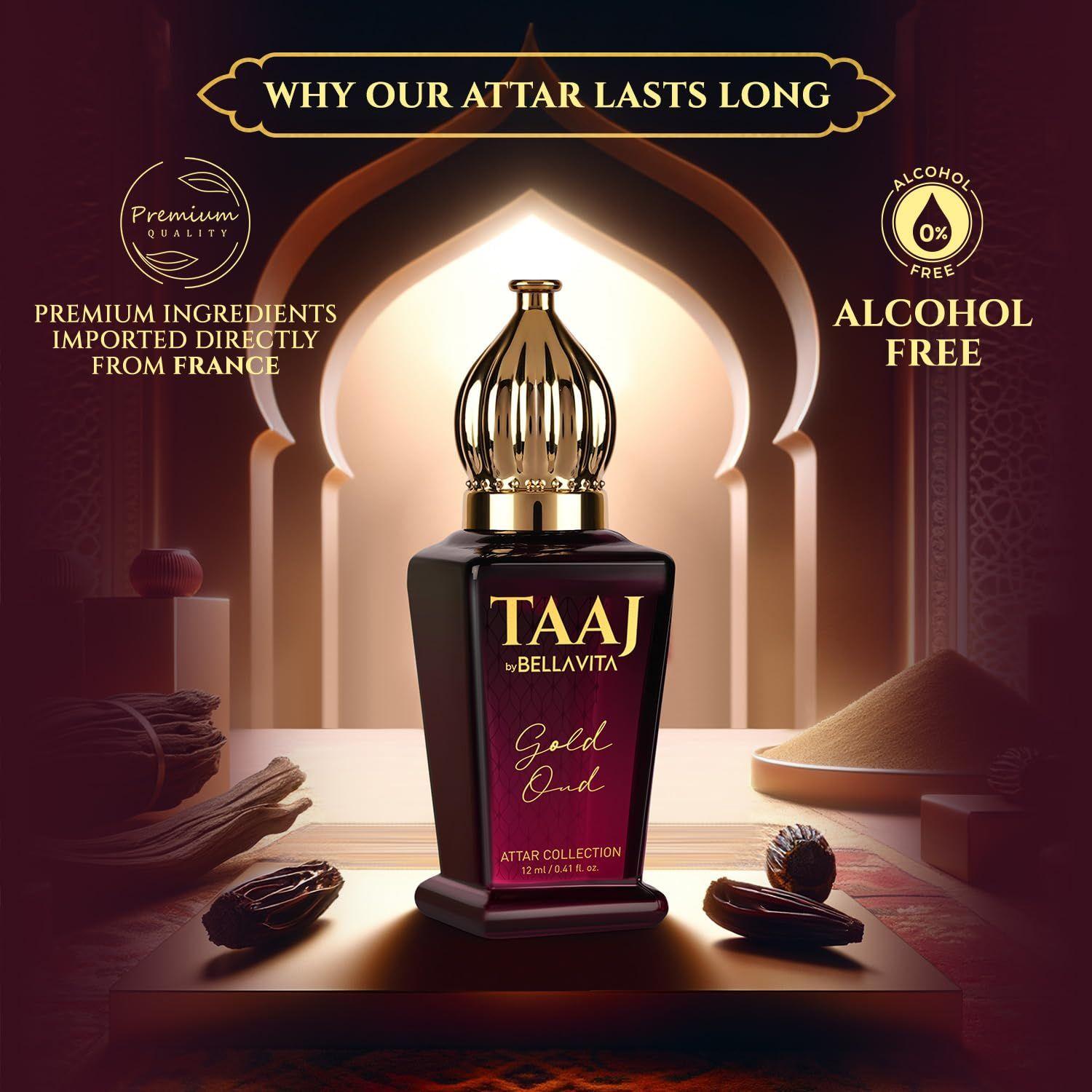 Bella Vita Luxury TAAJ Gold Oud Attar с карамелью, розой, жасмином и ирисом для мужчин и женщин, безалкогольный шариковый флакон, стойкий аромат, 12 мл 12ML