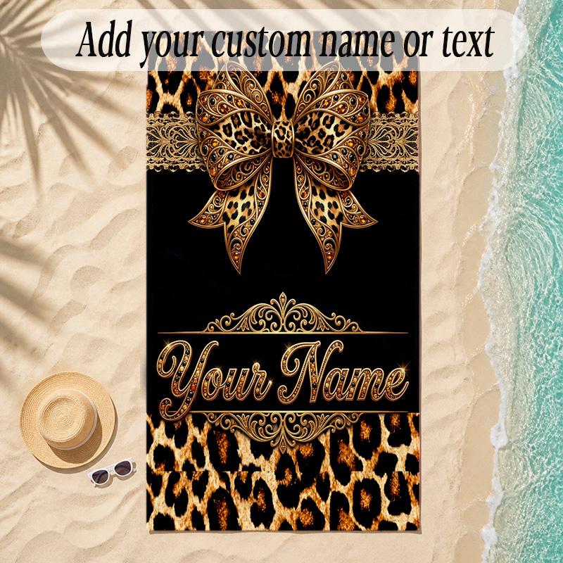 Leopard Theme Soft Beach Towel Personalized Custom Name Text Towel Portable for Beach Pool Travel