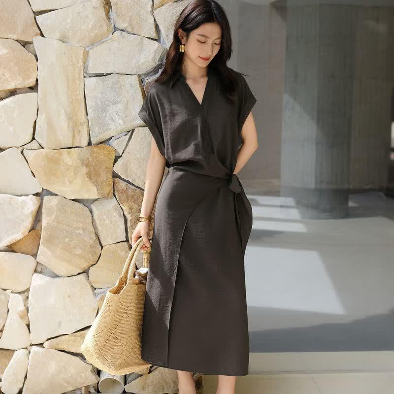 IHIMI Elegant V-Neck Tie-Waist Shirtdress L