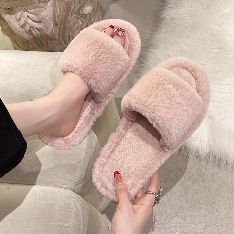 Leisure Slippers for Women Casual Flat Low Heels Sweet Short Plush Shoes for Women Solid Fur Slip on Winter Slides Plus Size