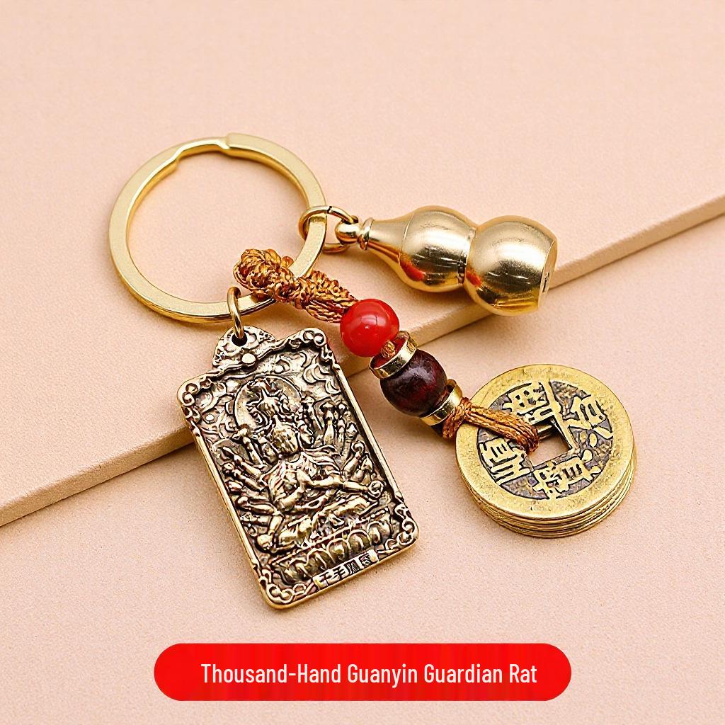 Brass Zodiac & Guardian Deity Buddha Square Pendant Keychain Charm