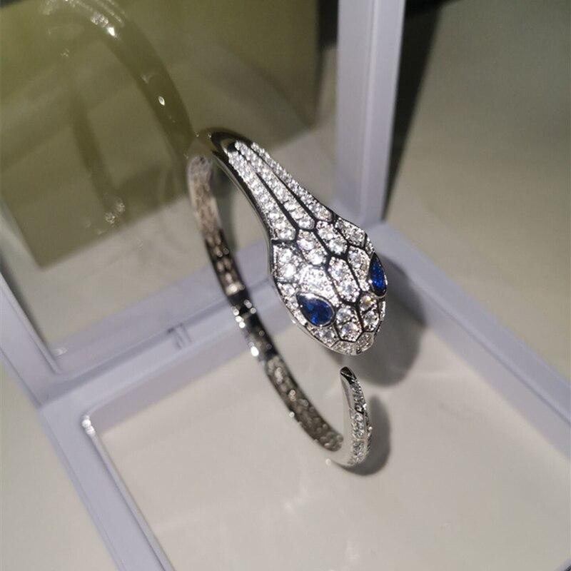Brățară cu șarpe din argint 925 populară în Europa și America, brățară deschisă din safir cu incrustație de diamante, design elastic, femei senior