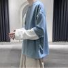 Men Autumn Tops Fake Two-pieced Color Block Pullover Contrast Colors Round Neck Loose Young Style Casual Crew Neck Spring Tops Men Clothes