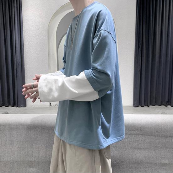 Men Autumn Tops Fake Two-pieced Color Block Pullover Contrast Colors Round Neck Loose Young Style Casual Crew Neck Spring Tops Men Clothes