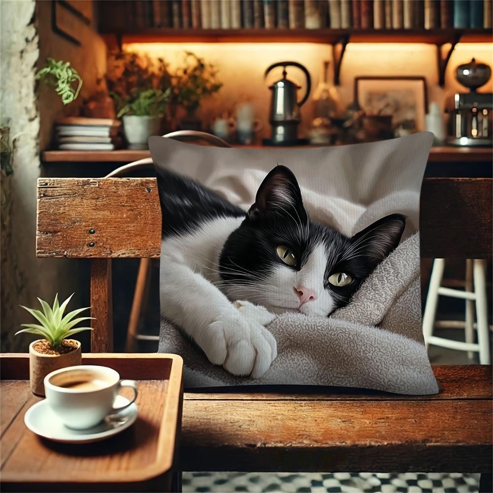 1 piece retro-style white tuxedo cat pillow cover - single-sided print, zipper