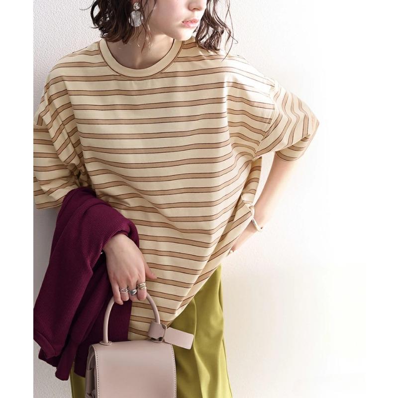 

DIMANAF 2025 Летние Женские Футболки Большого Размера Полоска Элегантные Топы с Коротким Рукавом Футболки Свободная Хлопковая Рубашка M бежевый