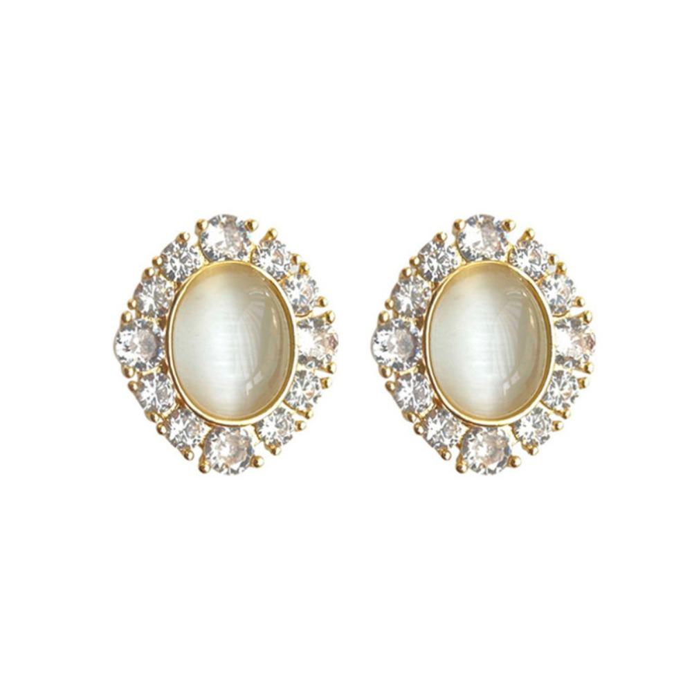 Exquisite Luxury Shiny Zircon Edge Geometric Oval Glass Opal Stone Stud Earrings for Woman Korean Bride Wedding Jewelry Gifts