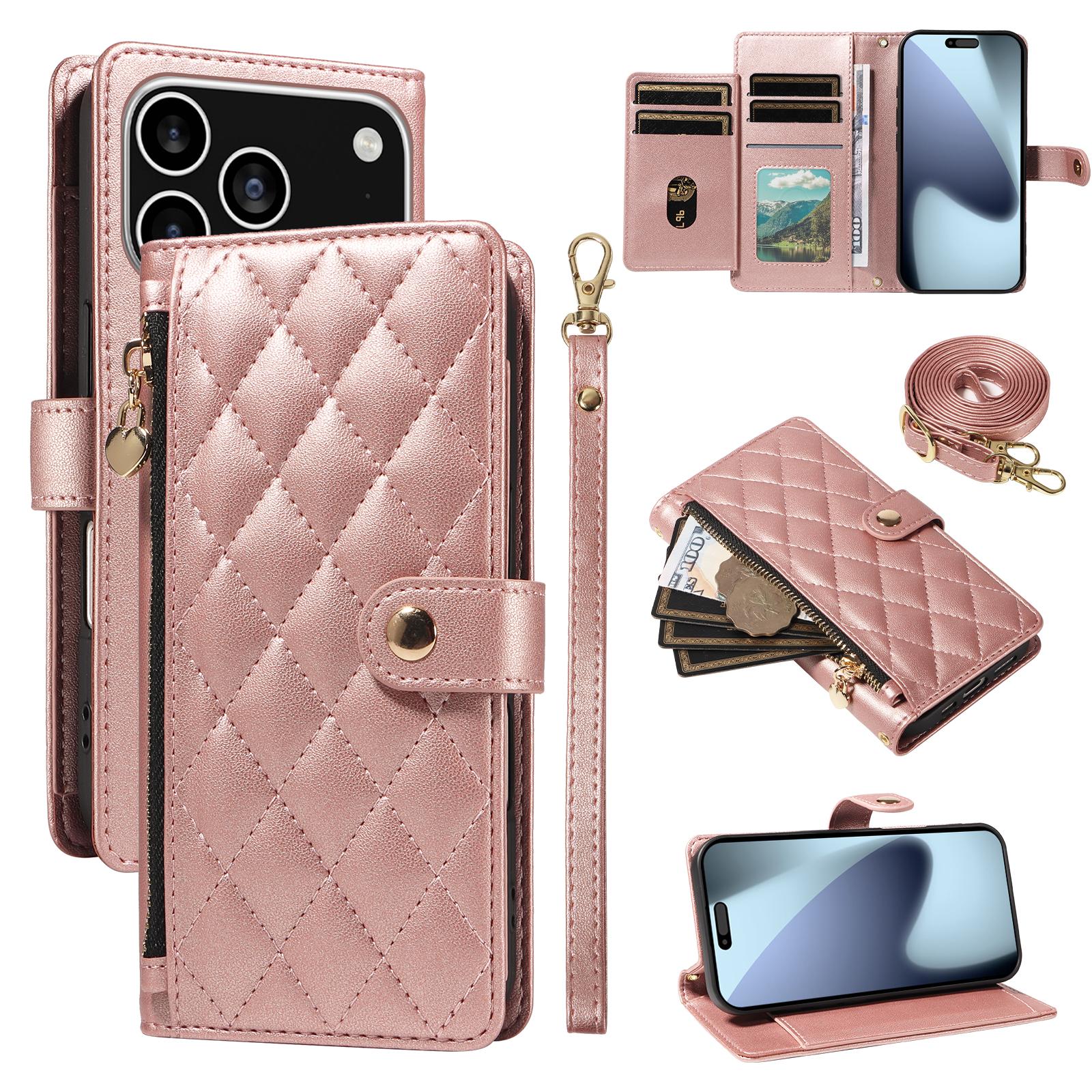 

For iPhone 17 Pro Wallet Case with Straps,Rhombus Leather Stand Phone Cover Rose Gold