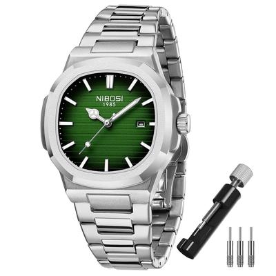 NIBOSI Men's Stylish Business Stainless Steel Wristwatch with Waterproof Analog Display and Metal Band, Date Display, Fluorescent Design, Classic