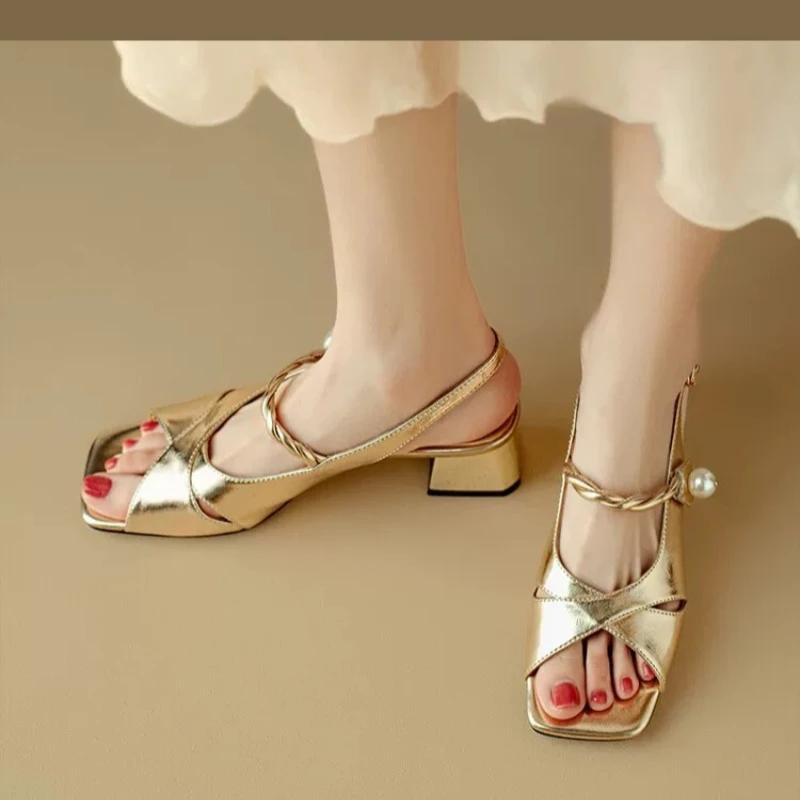 Women's Sandals Square Toe One-line Buckle Pearl Square Heel Shoes Women Dress French Elegant  Anti-slip New Zapatillas De Mujer