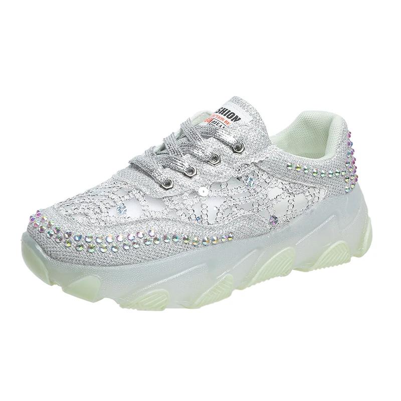 Women's Casual Shoes Lace-up Rhinestones Mesh Upper Women's Sports Shoes Leisure Platform Sole Breathable Zapatillas De Mujer