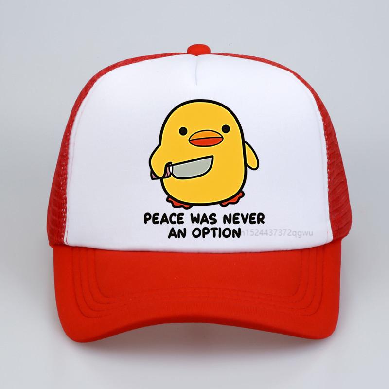 Peace Was Never An Option Letter Printed Unisex Baseball Cap Creative Duck Print Unisexs Hats Fashion Casual Mesh Breathable Sunhat