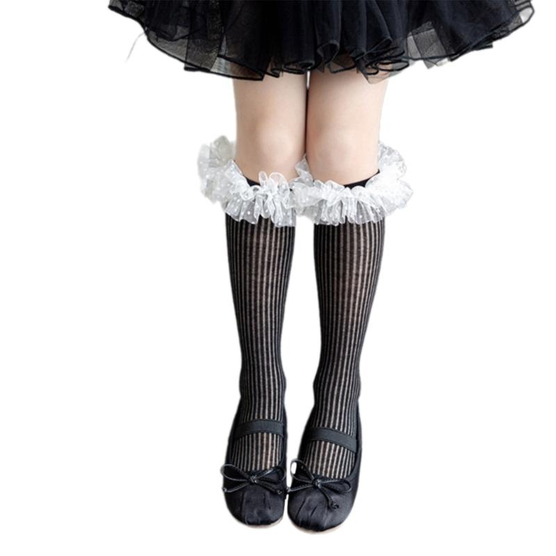 Sweet Style Mesh Dress Socks with Decorative Edge Accent for Toddler Girls Formal Event Under Knee Length Stockings
