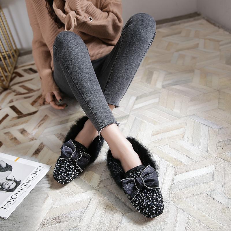 Fashion 34-43Big Size Crystal Beading Fur Moccasins Women Winter Shoes Square Toe Warm Plush Loafers Female Glitter Pearl Mink Fur Flats