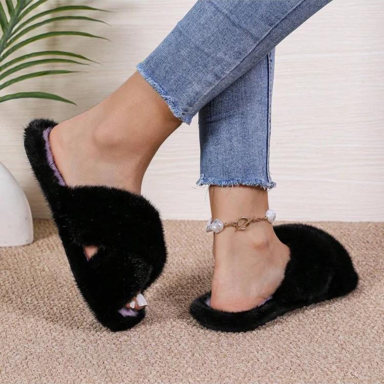 Leisure Slippers for Women Casual Flat Low Heels Sweet Basic Shoes for Women Solid Fur Slip on Winter Slides Plus Size
