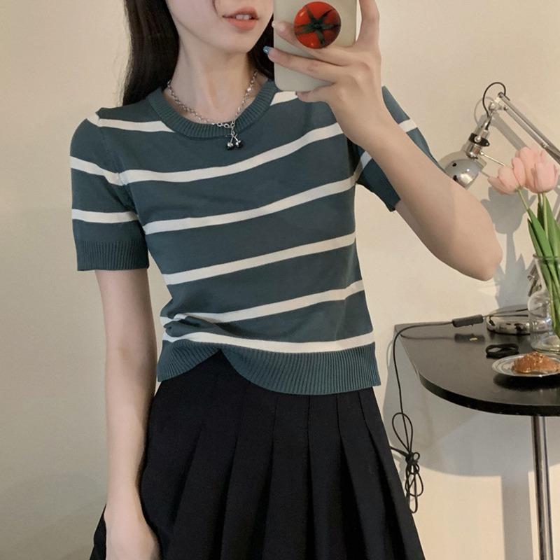 Mulheres Ice Silk Gola Redonda Versátil Manga Curta Retro Pulôver Malha Curta