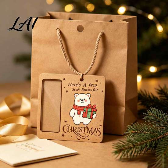 Portable Money Gift Holder Wooden Christmas Holder Vintage Cash Hanging Ornaments Reusable with Santa/Snowman/Tree Pattern for Xmas Party,