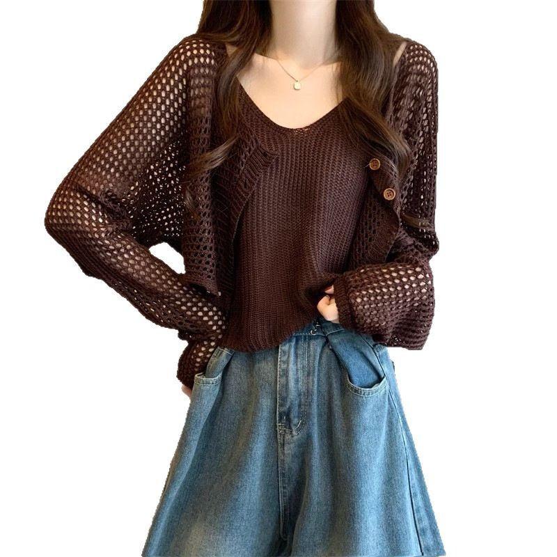 Long-sleeved Hollow Suspenders Two-piece Knitted Sweater Spring and Summer New High-end Blouse Versatile Pure Desire Top Coat