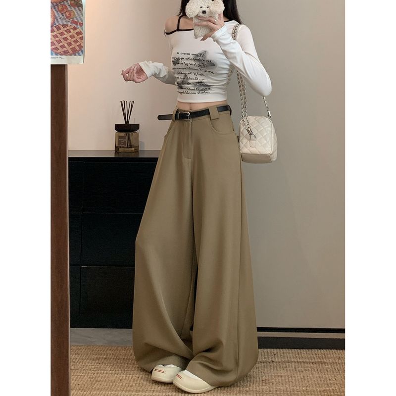 

Kumikumi High-Grade Solid High Waist Suit Casual Pants Women Autumn Loose Slimming Drape Wide Leg Pants Trousers Khaki XL