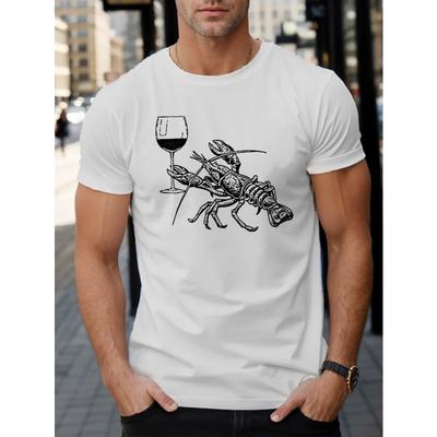 Rozmiary europejskie T-shirt męski z krótkim rękawem Letni T-shirt Top z homarem i kieliszkiem do wina