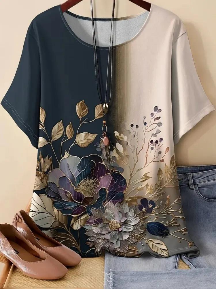 Summer women's printed pattern T-shirt casual short sleeved top fashionable women's round neck T-shirt
