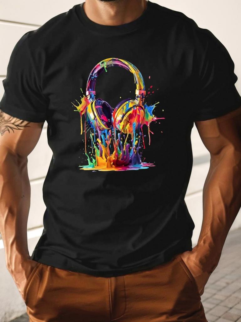 Men's T-Shirt Music Headphone Print Short Sleeve T-Shirt Lightweight Breathable Fabric Weekend Outfit Modern Style Men Clothes